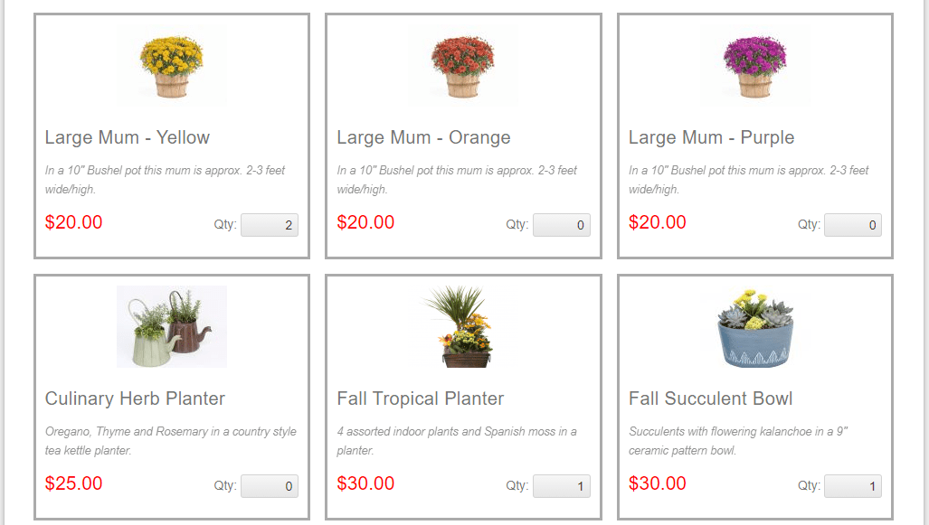 A screenshot of the products listed on the team website page for the summer/fall fundraiser.