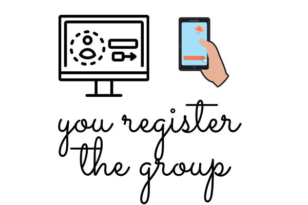 A drawing of a computer and a person on their phone with the words "you register the group" in black cursive lettering.