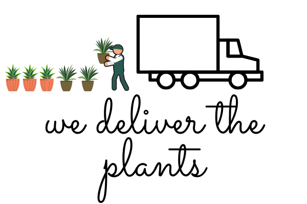 A picture of four potted green plants behind a a delivery truck with the words "We deliver the plants" in black cursive lettering.