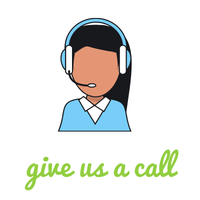 A drawing of a women in a blue shirt wearing a headset with the words "give us a call" in green lettering.