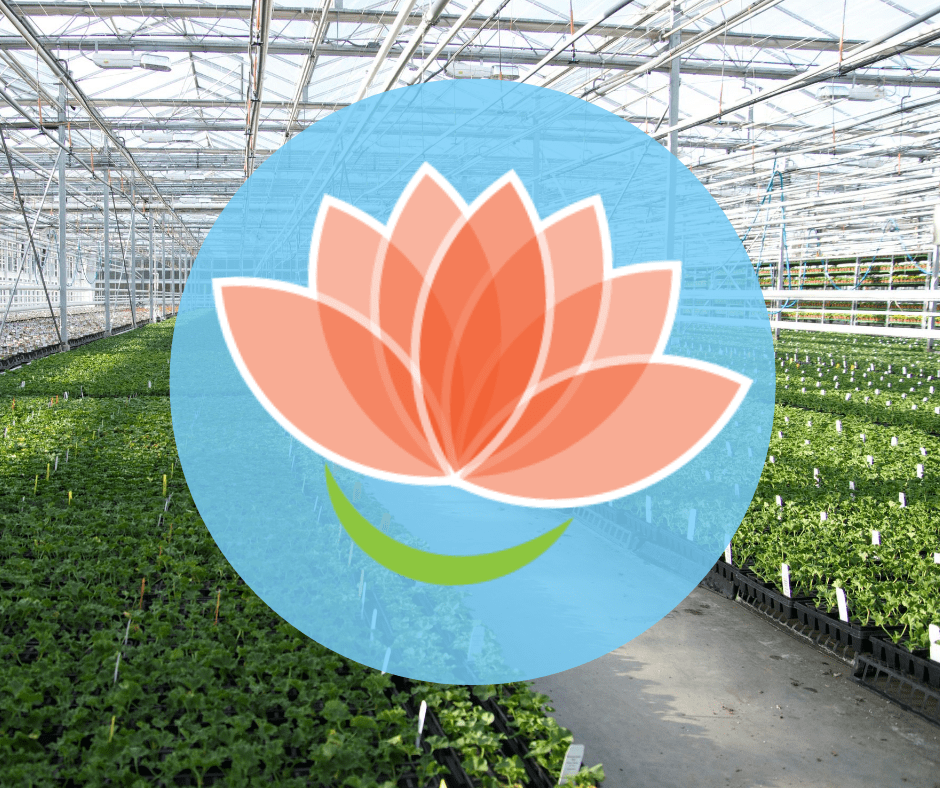 Growing Smiles logo with blue circle around it placed in front of a greenhouse shot