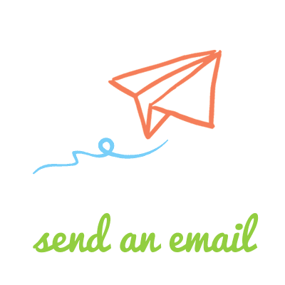 A drawing of a peach paper plane in flight with the words "send an email" in green lettering.
