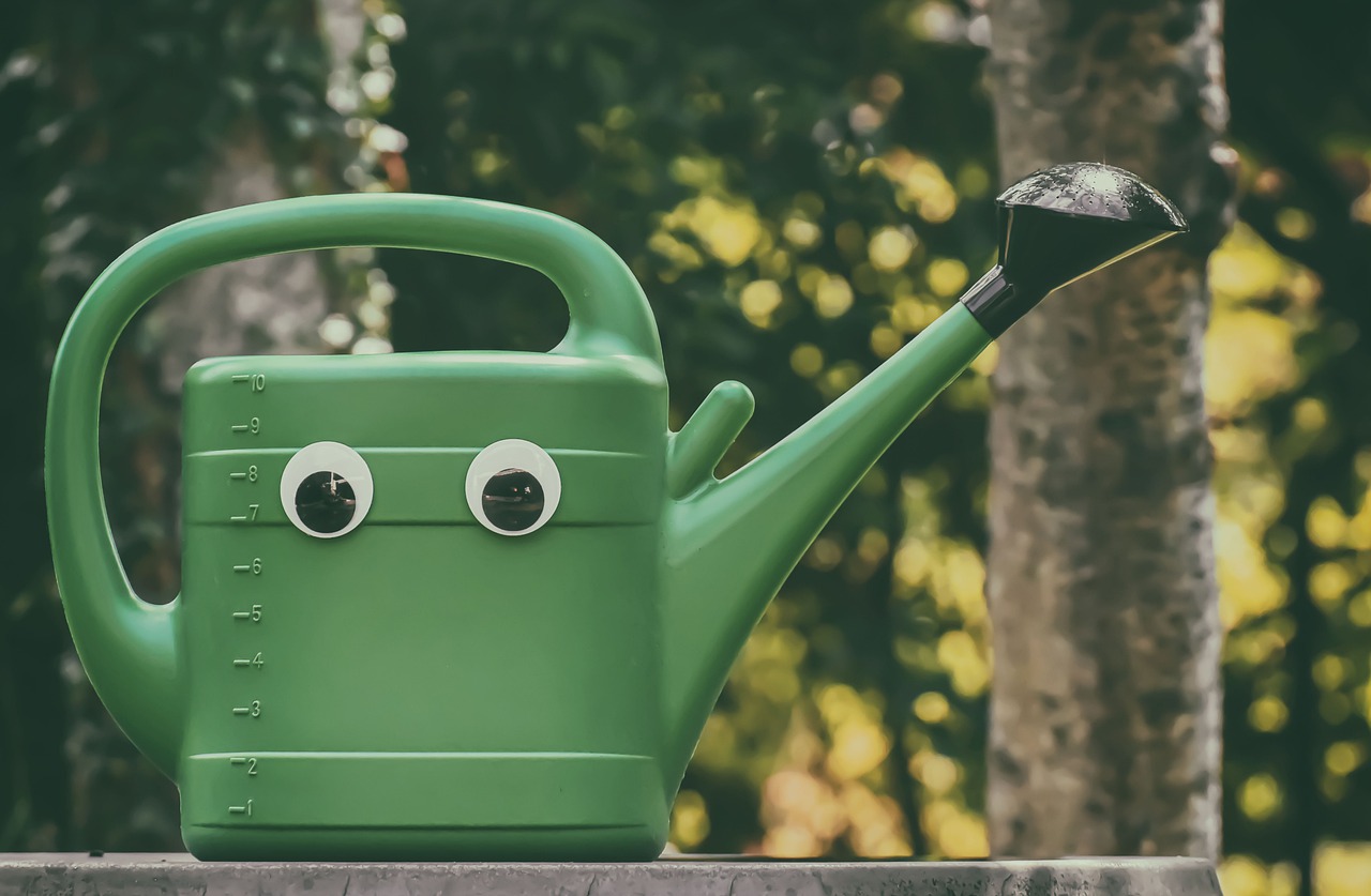 A green watering can with big googly eyes on it sitting on a piece of wood with trees in the background.